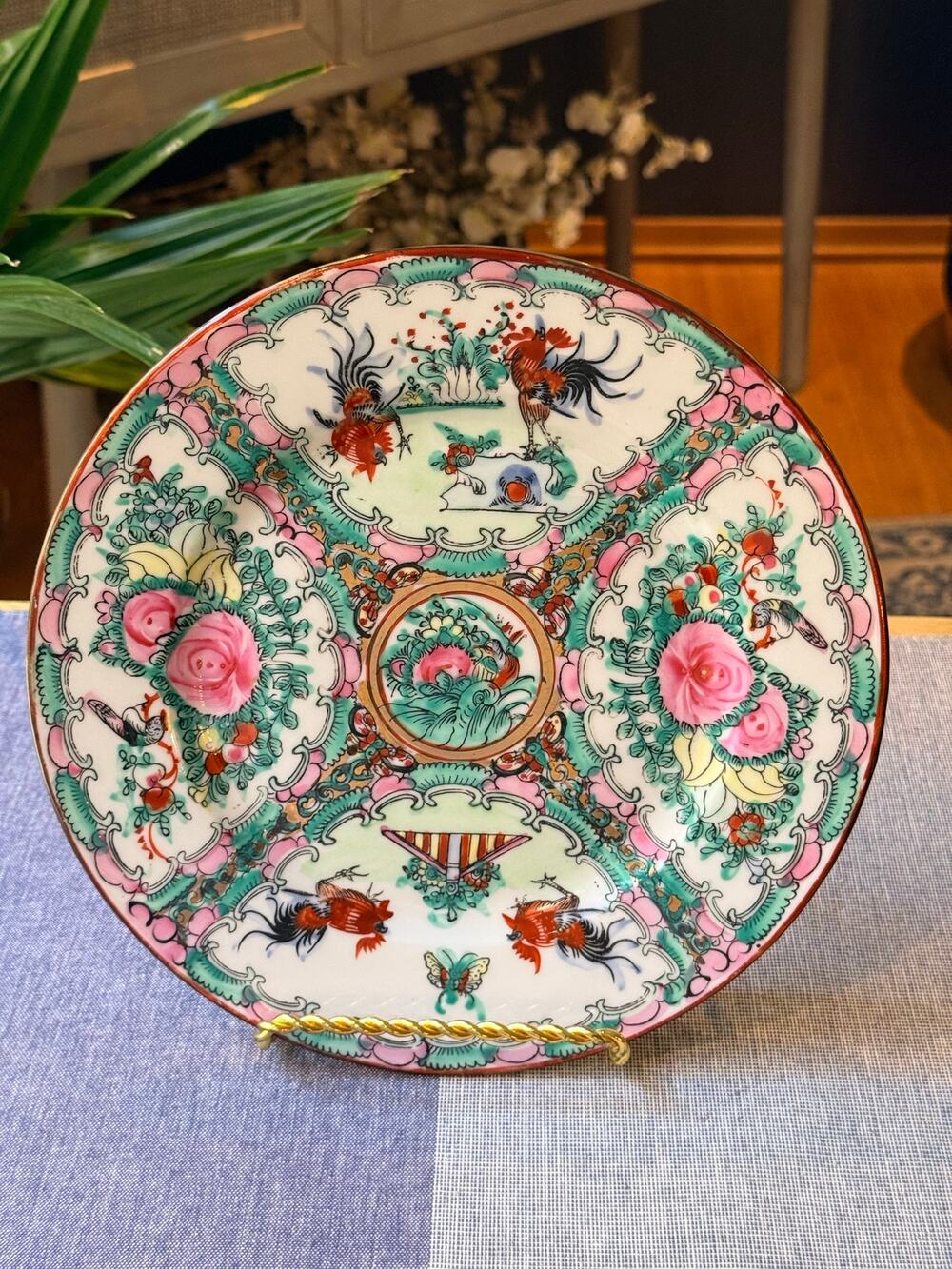 Antique Chinese Rose Canton Porcelain Plate 9" Rooster Bird Famille Rose Vintage